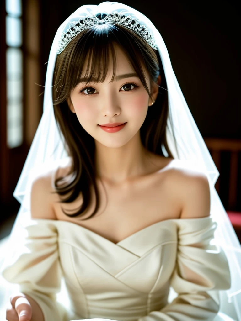(highest quality:1.5)、(Realistic:1.5)、(Take a full-body photo:1.5)、Very detailed、High resolution、8k wallpaper、、Normal milk、Natural color lips、Cute Smile、Japanese women、20-year-old girl、Beautiful and elegant face、Perfect and beautiful face、Large, balanced eyes、Brunette's eyes、Beautiful and elegant face、Beautiful double eyelids、Natural Bangs、Beautiful thin nose、Beautiful Skin、Fair skin、Medium Bob Hair、Natural Bangs、Perfect and beautiful face、Slim face and figure、(Looking at the camera with a sweet smile)、Bright lighting、Professional Lighting、Forward lighting、Wedding dress、tiara、(wearing a white off-the-shoulder mermaid wedding dress)、Wedding ceremony in a church with beautiful stained glass、pose for a photo、