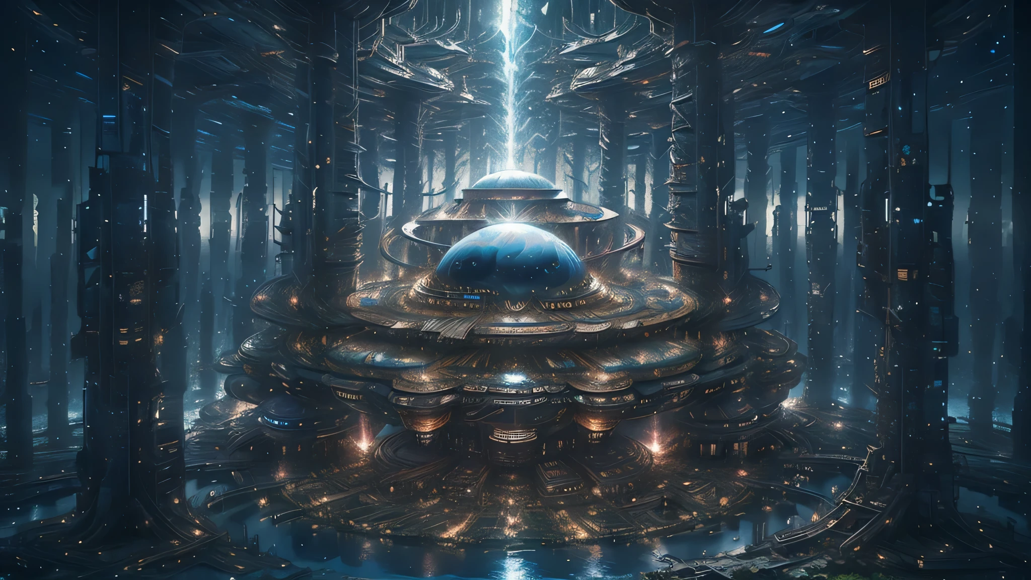 Psychedelic Style, Space-themed album cover art, Apocalyptic Configuration, Ancient temples, Planet in the sky, Broadleaf Forest, shooting star, nebula, Colorful glowing particles, Vibrant colors without people, Swirl pattern, Abstract Form, Trippy