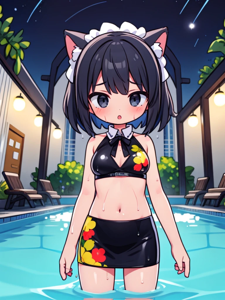 (masterpiece), best quality, (16k), expressive eyes, perfect face, BREAK, office lady, 1 girl, solo, large breast, navel, BREAK, ((black botanical print tube top)), ((wet black solid pencil mini skirt)), BREAK, bare arms, bare legs, shiny skin, wet body, BREAK, black hair, very short hair, wet hair, black eyes, BREAK, outdoors, in the pool, wading, night sky, standing, sad, :o, (cowboy shot), (from front), BREAK,