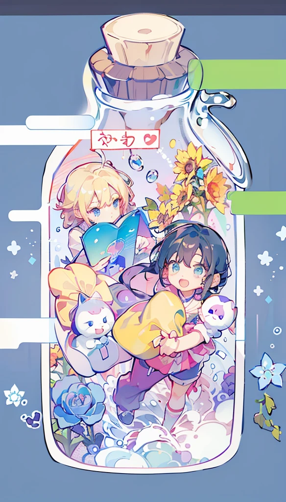 Q version，child，cute风格的颜色，Two boys，One is blonde hair，One has dark blue hair，In the bottle，flower，Rose，sunflower，Heart Shaped Gemstone，Q version，cute，Fresh colors，colourful，Hidden Color，8K，Correct human body，Detailed eye painting，illustration，Highest quality，Exquisite，Detailed face，Masterpiece，flat chest，Slim，young，16 years old，High-end，Hand Painted，Official Fanart，Visual novel，Anime style，Girly Romance，Produced by Anime Painter Studio，