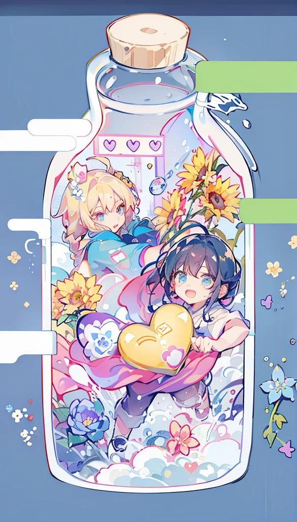 Q version,child,cute风格的颜色,Two boys,One is blonde hair,One has dark blue hair,In the bottle,flower,Rose,sunflower,Heart Shaped Gemstone,Q version,cute,Fresh colors,colourful,Hidden Color,8K,Correct human body,Detailed eye painting,illustration,Highest quality,Exquisite,Detailed face,Masterpiece,flat chest,Slim,young,16 years old,High-end,Hand Painted,Official Fanart,Visual novel,Anime style,Girly Romance,Produced by Anime Painter Studio,