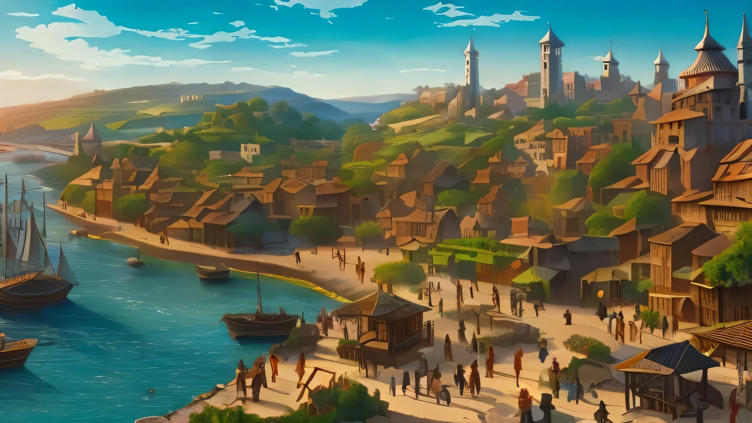 large medieval port town with rustic wooden and metal buildings. many vineyards are in the details of the buildings, landscape in front of the beach showing a large crowd of people, fantasy style, work of art, hyper detailed