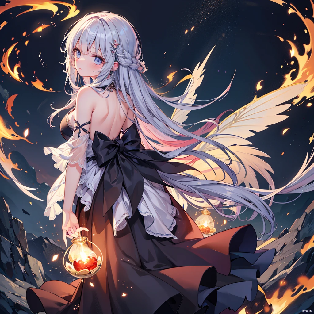 (Exquisite, beautiful, Very detailed, masterpiece, high resolution,high quality,High resolution),(Well-formed face,soft thin lines: 1.2, Beautiful, delicate and vivid illustrations with a mature and clear feel), From the rings on both hands, a fairy that controls flames and fire is floating in the air.,A delicate and beautiful adult fairy princess with transparent, black wings growing from her back.,Dark Night,inflammation,sparks,From a little distance,She's wearing a tiara, earrings, necklace and bracelets.,), ((Red, white and black ball gown dress with inflammation motif:1.1, Balloon sleeves, Jewels, ribbons, lace and frills, Fairy wings from the back:1.5)), (Long fingers,Pale pink blush, Plump pink lips,Beautiful and clear eyes,Large Bust, Fair skin, Black knee-highs,Good style),pastel colour, Fantasy,Whole body,flare up