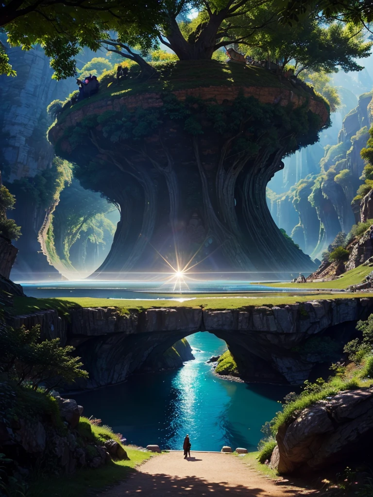 mysteriousな超巨大なトンネルの中に森がある,Different world,The sunlight from the sun shines on the earth,Colorful,Best Quality,8K,mysterious,Fantasy,Different space,There are many different creatures,Nature,romantic,A world beyond imagination,Dream world,Huge river,masterpiece,最高masterpiece,perfection,