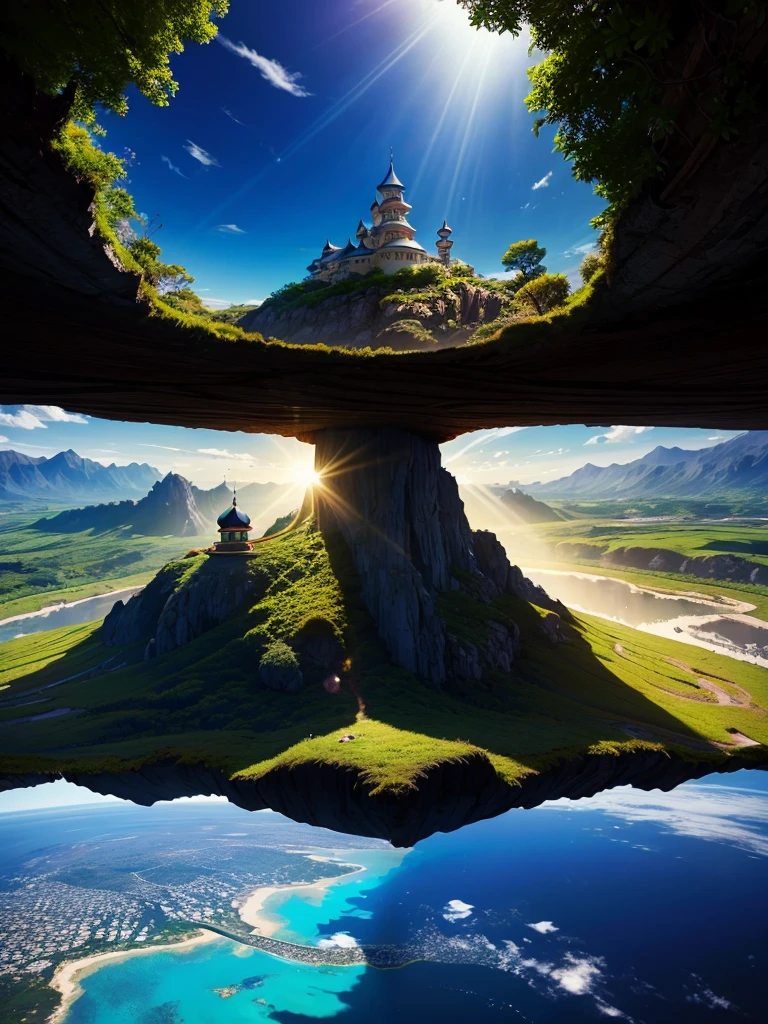 mysteriousな超巨大なトンネルの中に森がある,Different world,The sunlight from the sun shines on the earth,Colorful,Best Quality,8K,mysterious,Fantasy,Different space,There are many different creatures,Nature,romantic,A world beyond imagination,Dream world,Huge river,masterpiece,最高masterpiece,perfection,