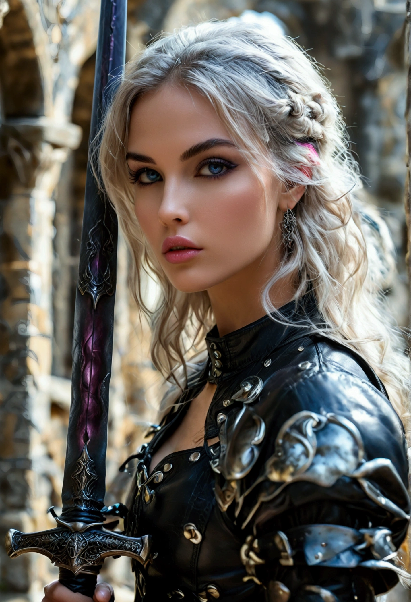 27 year old fit woman, straight silver hair, violet eyes ( cuerpo 90-60-90 lindo culo) holding a sword(background in a medieval castle with dragons)(black top and tight-fitting black leather pants. high boots with laces) (oval or slightly rounded face, with soft and harmonious contours)(Clear and smooth skin, with a soft beige tone)( Large and expressive eyes)( Long, dark eyelashes, what highlights the look)( Eyebrows: well defined and of medium thickness, They perfectly frame the eyes. with a natural arch that follows the curve of the brow bone)( nose straight and proportionate to the rest of the face, neither too prominent nor too small, Elegant profile)(.Full and well defined lips, with a clearly marked cupid's bow. natural pink color)(.Cheekbones: Tall and prominent Add a touch of elegance and sophistication))