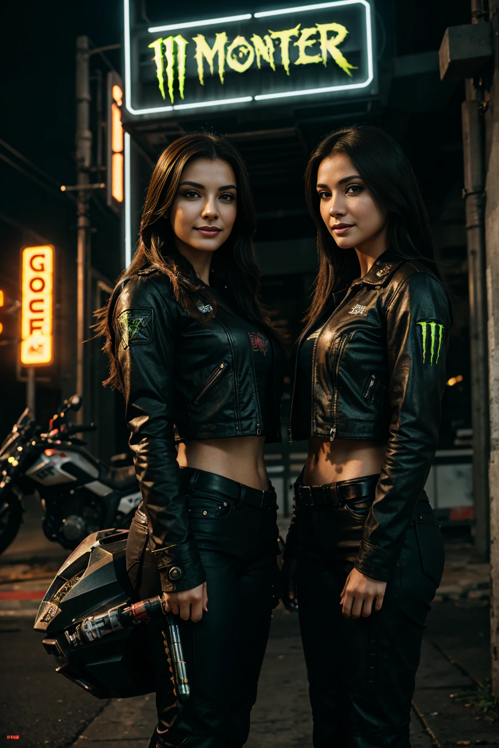 two woman smiles standing next to a motorcycle, monster energy logo in background, detailed woman, realistic, photorealistic, 8k, highres, best quality, masterpiece, ultra-detailed, physically-based rendering, professional, vivid colors, studio lighting, sharp focus, beautiful detailed eyes, beautiful detailed lips, extremely detailed face, long eyelashes, elegant pose, dynamic composition, cinematic lighting, dystopian cyberpunk atmosphere