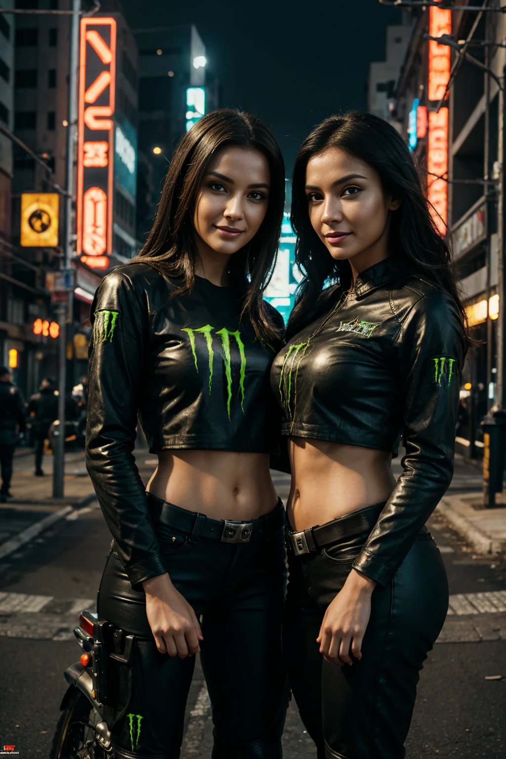 two woman smiles standing next to a motorcycle, monster energy logo in background, detailed woman, realistic, photorealistic, 8k, highres, best quality, masterpiece, ultra-detailed, physically-based rendering, professional, vivid colors, studio lighting, sharp focus, beautiful detailed eyes, beautiful detailed lips, extremely detailed face, long eyelashes, elegant pose, dynamic composition, cinematic lighting, dystopian cyberpunk atmosphere