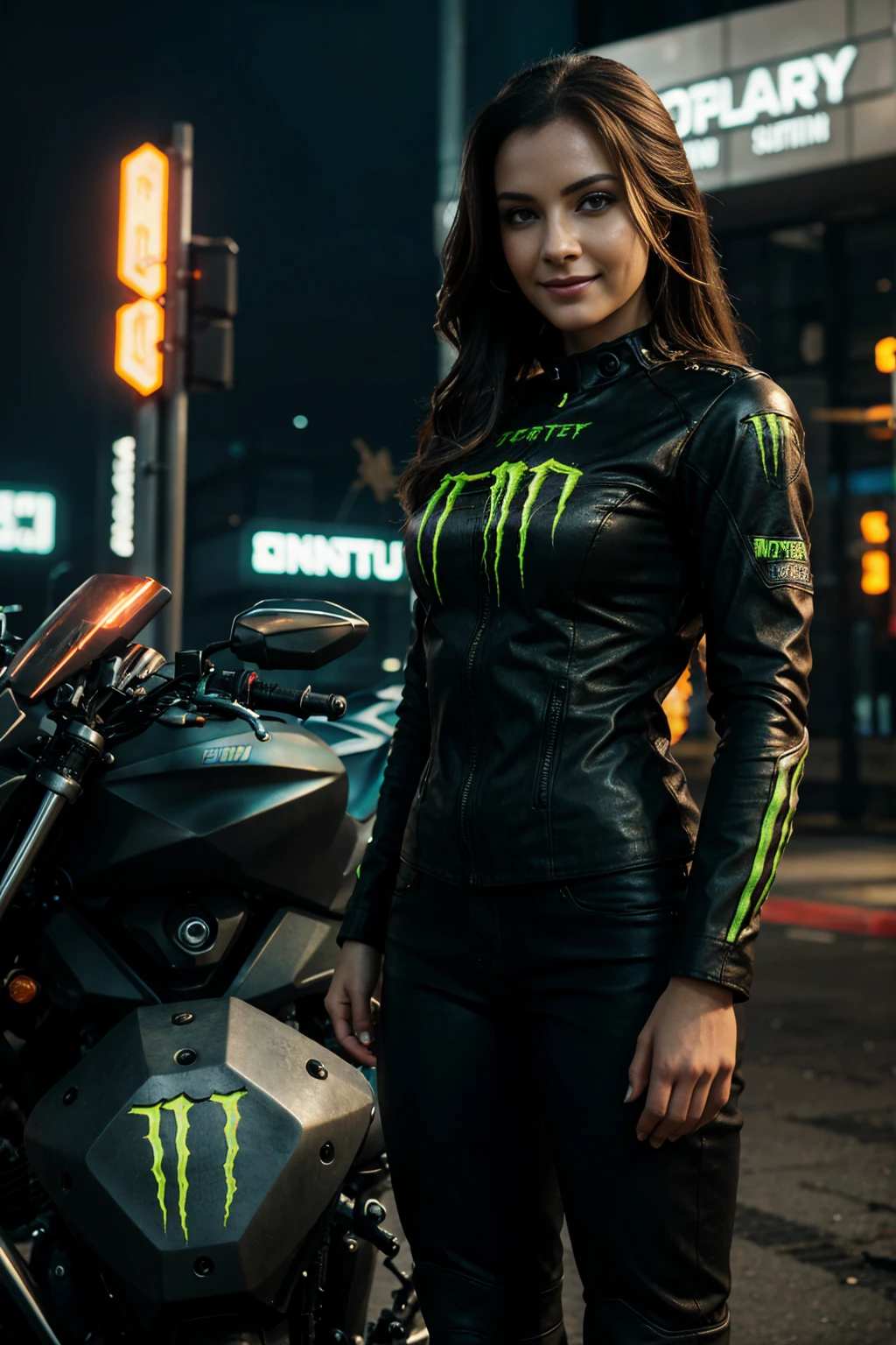 two woman smiles standing next to a motorcycle, monster energy logo in background, detailed woman, realistic, photorealistic, 8k, highres, best quality, masterpiece, ultra-detailed, physically-based rendering, professional, vivid colors, studio lighting, sharp focus, beautiful detailed eyes, beautiful detailed lips, extremely detailed face, long eyelashes, elegant pose, dynamic composition, cinematic lighting, dystopian cyberpunk atmosphere