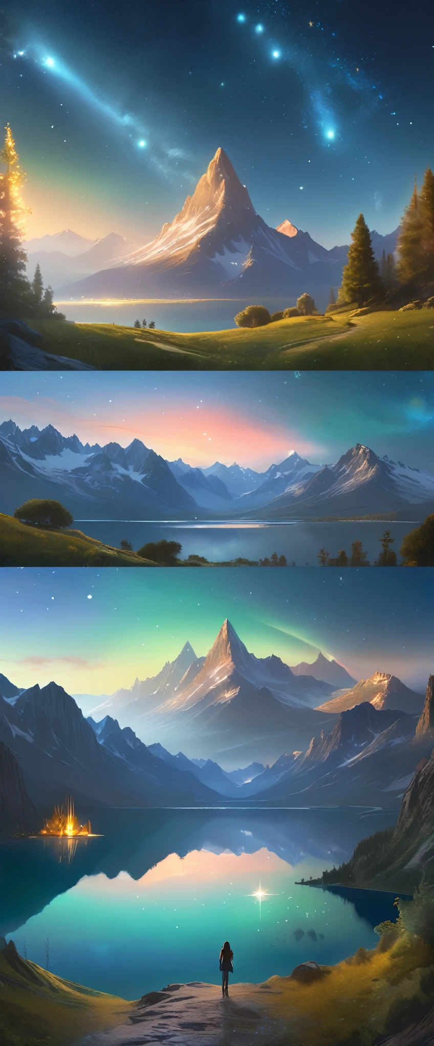 Starry Sky with Mountains and Lake, Jessica Rossier, Inspired by Jessica Rossier, Jessica Rossier Fantasy Art, Concept Art Magic Highlights, Official Artwork, Dream Painting, Ethereal Realm, Atmospheric artwork, dreamy matte paintings, serene endless stars inspired by Ted Nasmith, moonlit starry environments, epic music album covers.流れ星が大きな光の帯を描いている