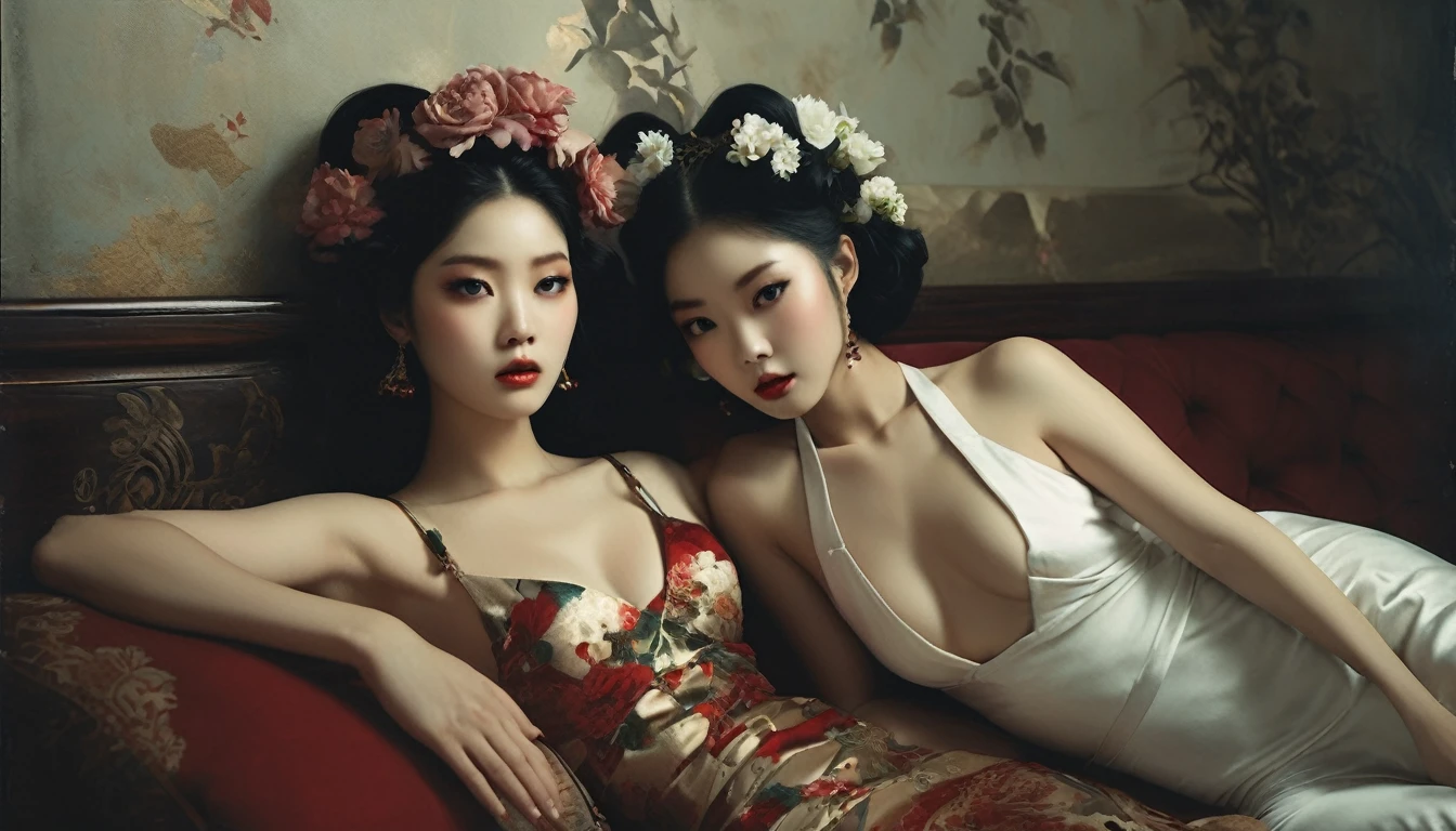 two women in lingersuits laying on a bed with flowers, inspired by Yanjun Cheng, yanjun chengt,  painting, inspired by Wang Duo, inspired by Chen Yifei, roberto ferri and ruan jia, girls resting, two models in the frame, two girls, inspired by Fenghua Zhong, inspired by Zhang Xuan, by Dai Xi a close up of a woman with a flower crown on her head, asian features, jinyoung shin, inspired by Yanjun Cheng, traditional art, korean artist, gorgeous chinese model, yanjun chengt, fanart, by Ni Tian, beautiful south korean woman, official artwork, by Wu Bin, wenfei ye, popular south korean makeup, a young asian woman absolutely abstract Retro vintage art print, sexy, glamorous pin-up girl wearing a sailors hat, bikini, A painting of a woman wife ((golden ratio}} laying on the sofa after a long night on the town, a painting, a Beautiful expressive painting, malcolm liepke painting, glossy painting, beautiful digital painting, digital art painting, Fine paintings, monochromatic. malcolm liepke oil painting, impressionist painting.Spread your legs apart, beautiful and delicate face, fair skin