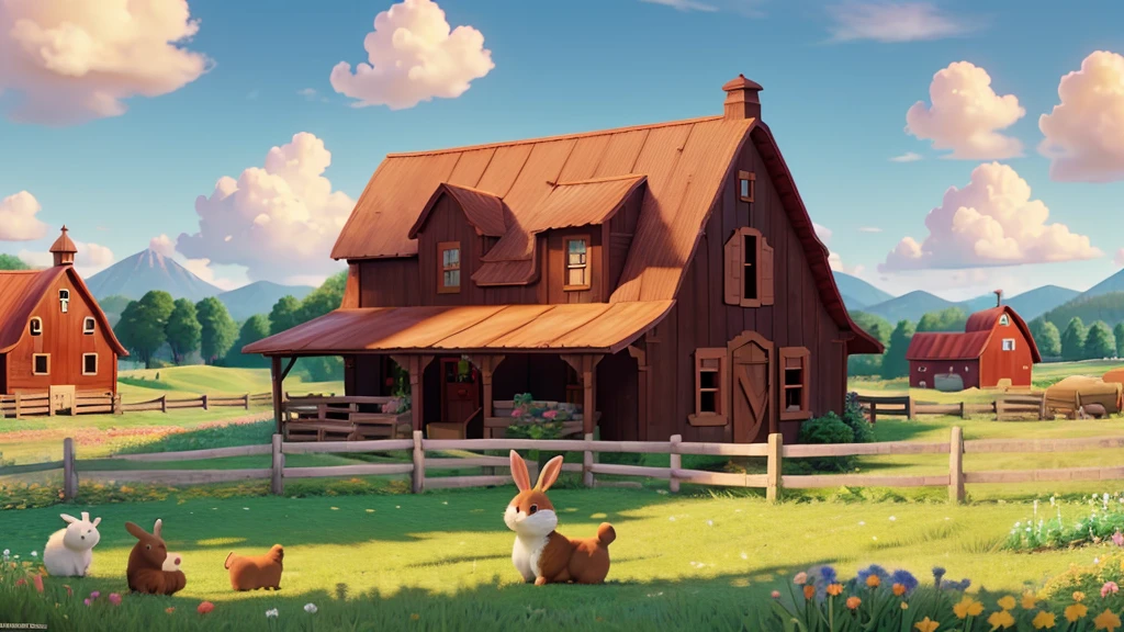 cute rabbit, bunny planting flowers, idyllic farm scene, lush garden, rural landscape, red barn, wooden fence, rolling hills, fluffy clouds, warm sunlight, vibrant colors, detailed textures, whimsical composition, photorealistic, 8k, highres, cinematic lighting, masterpiece