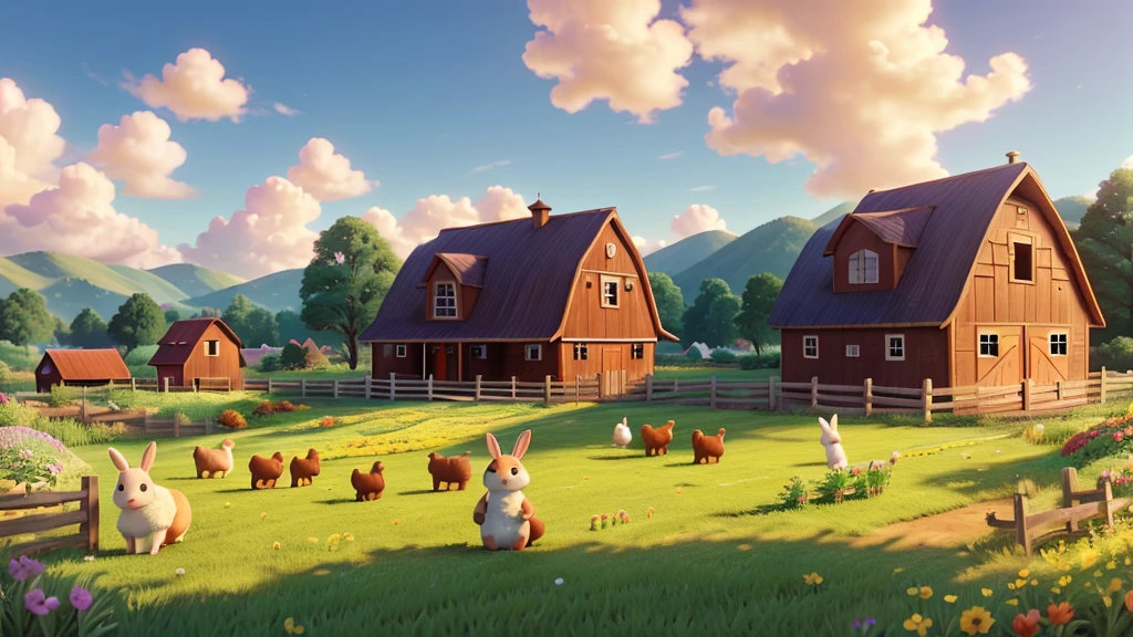 cute rabbit, bunny planting flowers, idyllic farm scene, lush garden, rural landscape, red barn, wooden fence, rolling hills, fluffy clouds, warm sunlight, vibrant colors, detailed textures, whimsical composition, photorealistic, 8k, highres, cinematic lighting, masterpiece