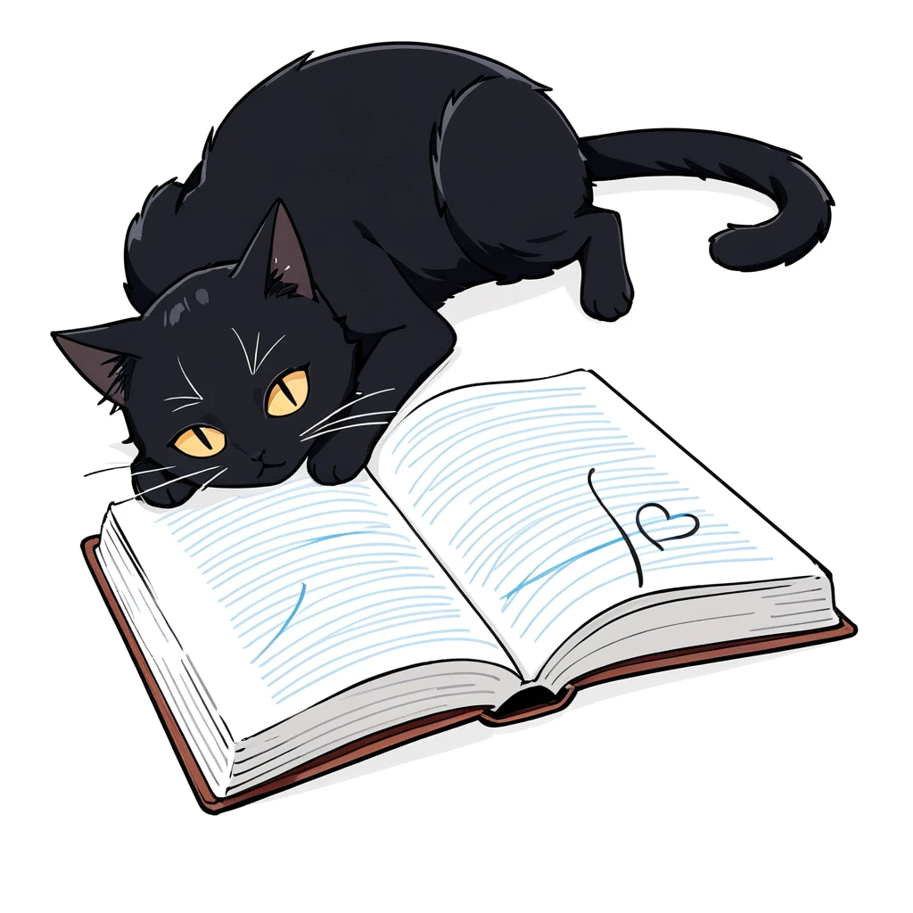 1 black cat lie down on the book,simple,(white background:1.4),doodle,scribble,minimalism,playing