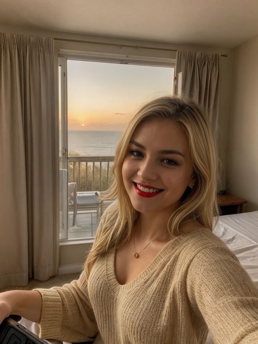 (style raw, work of art, best qualityer, ultra detali), 28 years posting outdoors, deep V sweater, fit chest, deep neckline, Beautiful sunset, happily and happily, analog style, (texture skin, Film grain), cinematic light, side lighting, ultra high resin, blonde hair with blonde highlights, seducing gaze, full red lips, inside of a bedroom,Selfie, woman taking photo, laughing jokingly