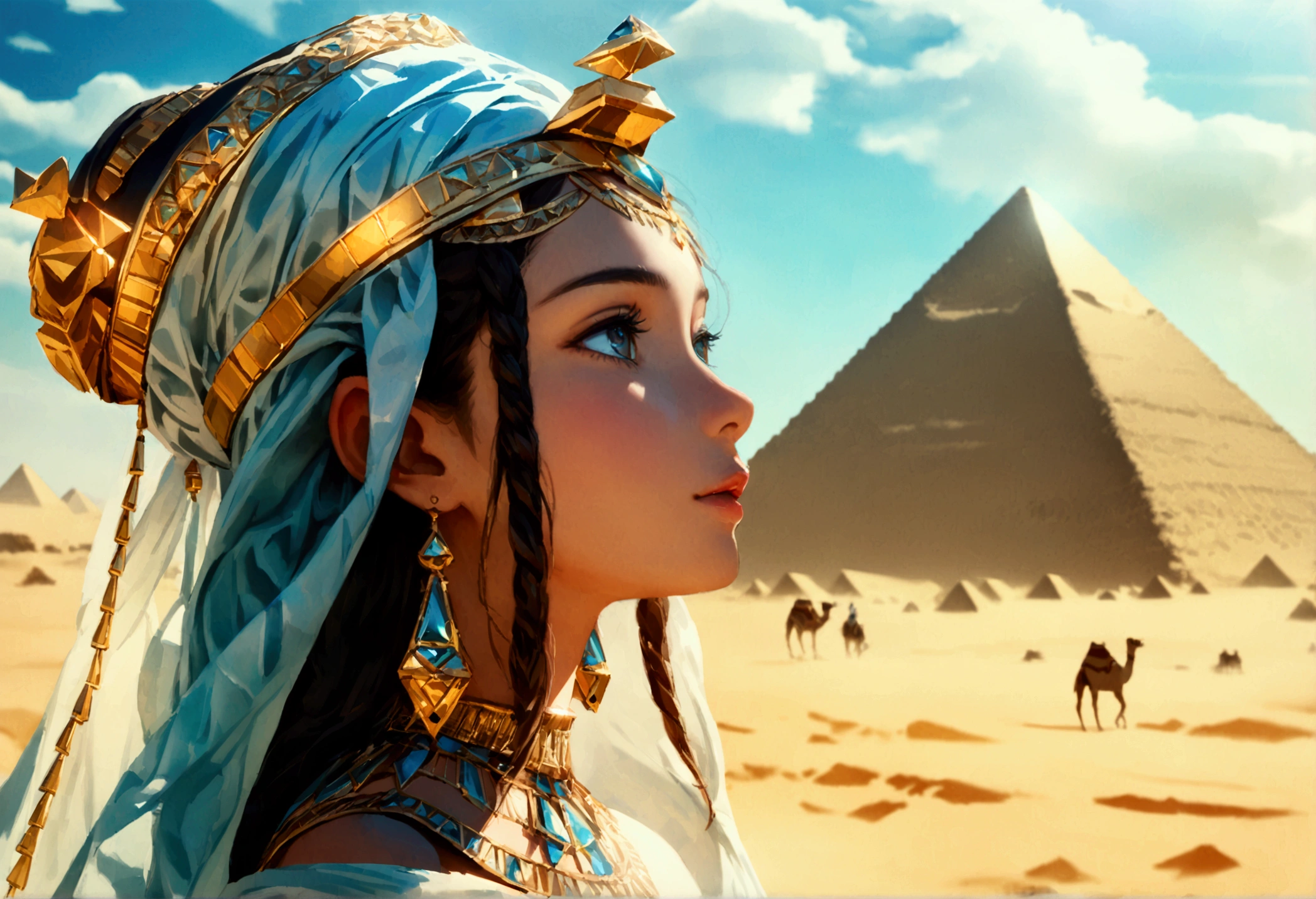 score 9, sorce photo, from side, a young princess in egyptian style dress, looking up at the pyramids, one hand up, clear blue sky, Very strong sunlight, endless desert, camel caravan, hyper detailed, cinematic lighting, 8k, highly detailed face and eyes, intricate ornate jewelry, flowing fabric, masterpiece, 