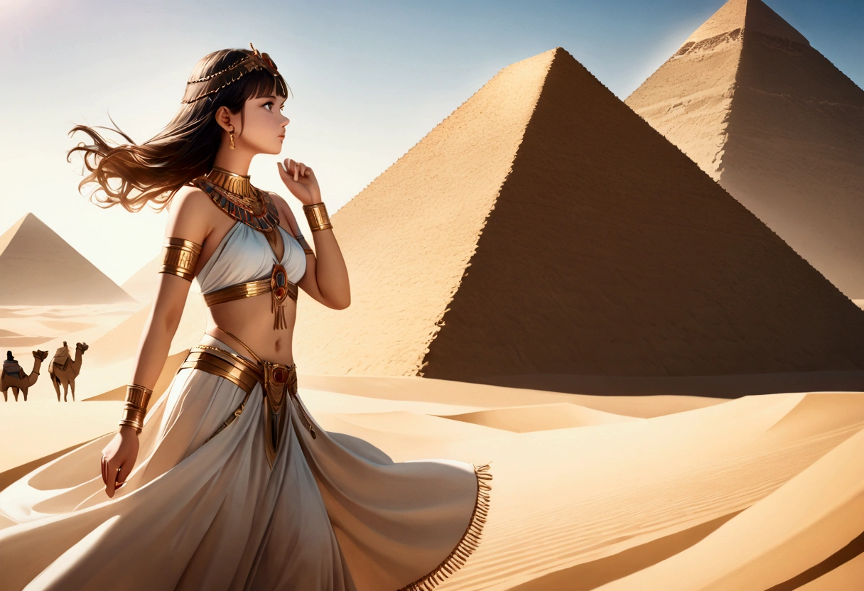 score 9, sorce photo, from side, a young princess in egyptian style dress, looking up at the pyramids, one hand up, clear blue sky, Very strong sunlight, endless desert, camel caravan, hyper detailed, cinematic lighting, 8k, highly detailed face and eyes, intricate ornate jewelry, flowing fabric, masterpiece, 