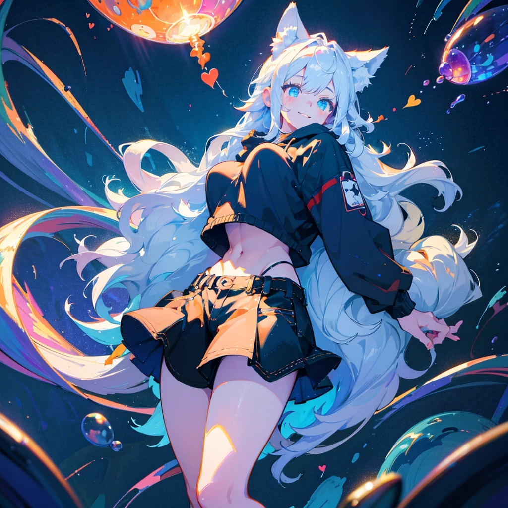 a cute adult male with wolf ears, long white hair, long locks, has a wolf tail, wearing a loose cropped black hoodie, wearing a pair of denim short shorts and fishnet stockings, thick thighs, wide hips, short, showing slender tummy, heart on hoodie, squishy thighs, has glowing blue eyes. alone, solo (ALONE)(SOLO), surrounded by rainbows, colorful galaxy backround, smiling, ontop of a pile of fluffy plushes, plushies everywhere, kawaii plushies, surrounded by bubbles, surrounded by rainbow leaves, standing up dancing, thicc thighs, has giant ears