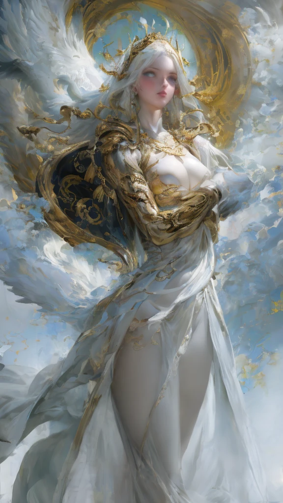1girll , brunette, natural soothing expression, white colour scheme, long gown, white gauze, brunette, natural soothing expression, floating in the air, long dress, face of a mature woman, simple white background, golden helmet, sacred, solo, wallpaper, epic feeling, looking up at the camera, looking down, ultra wide angle, feeling nature, looking up, bust photo