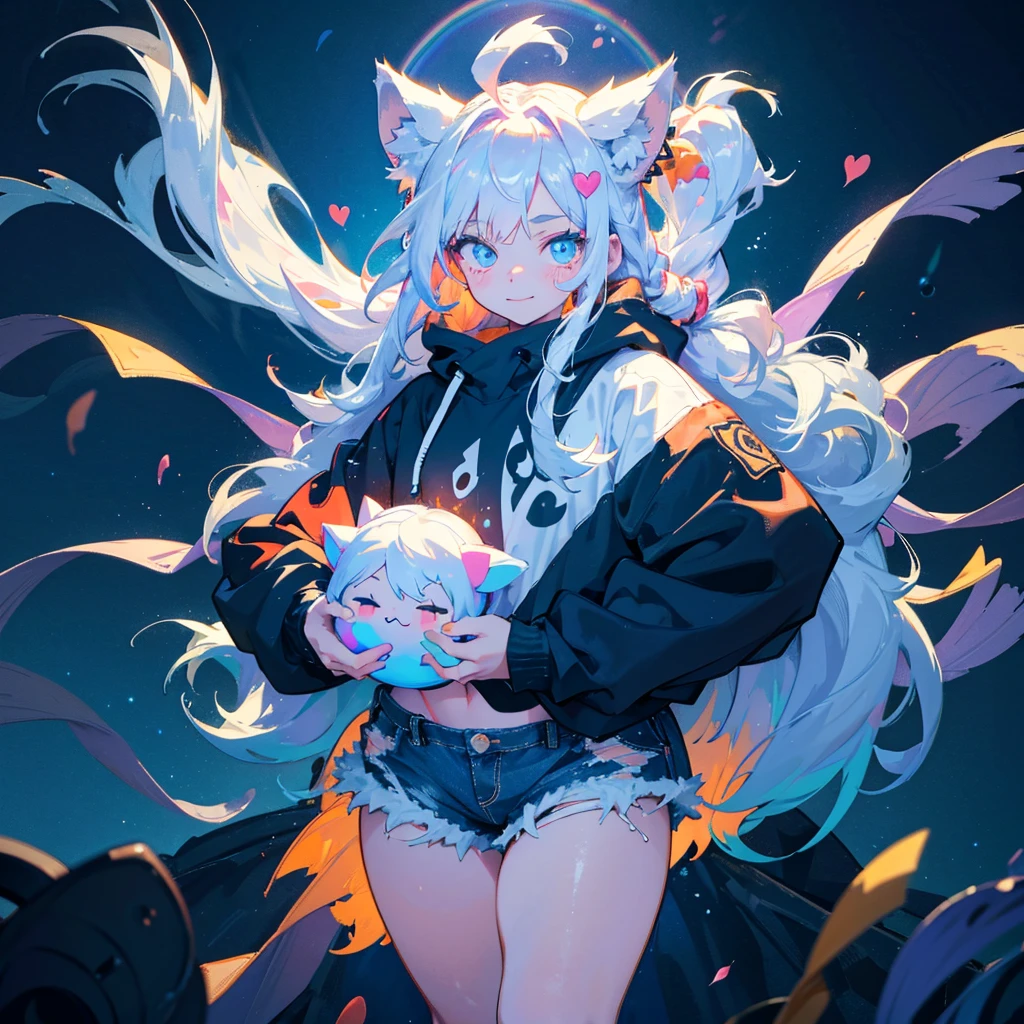 a cute adult male with wolf ears, long white hair, long locks, has a wolf tail, wearing a loose cropped black hoodie, wearing a pair of denim short shorts and fishnet stockings, thick thighs, wide hips, short, showing slender tummy, heart on hoodie, squishy thighs, has glowing blue eyes. alone, solo (ALONE)(SOLO), surrounded by rainbows, colorful galaxy backround, smiling, ontop of a pile of fluffy plushes, plushies everywhere, kawaii plushies, surrounded by bubbles, surrounded by rainbow leaves, standing up dancing, thicc thighs, has giant ears
