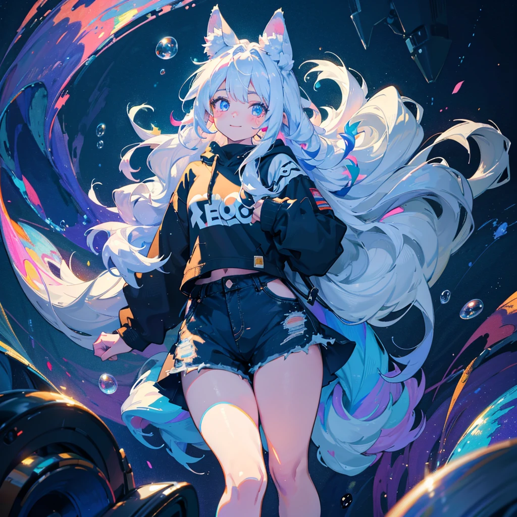a cute adult male with wolf ears, long white hair, long locks, has a wolf tail, wearing a loose cropped black hoodie, wearing a pair of denim short shorts and fishnet stockings, thick thighs, wide hips, short, showing slender tummy, heart on hoodie, squishy thighs, has glowing blue eyes. alone, solo (ALONE)(SOLO), surrounded by rainbows, colorful galaxy backround, smiling, ontop of a pile of fluffy plushes, plushies everywhere, kawaii plushies, surrounded by bubbles, surrounded by rainbow leaves, standing up dancing, thicc thighs, has giant ears