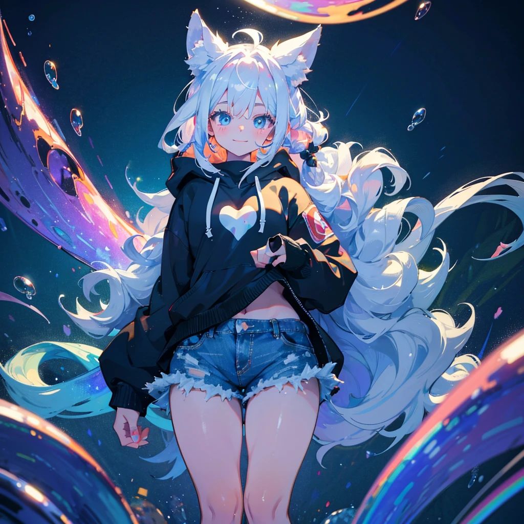 a cute adult male with wolf ears, long white hair, long locks, has a wolf tail, wearing a loose cropped black hoodie, wearing a pair of denim short shorts and fishnet stockings, thick thighs, wide hips, short, showing slender tummy, heart on hoodie, squishy thighs, has glowing blue eyes. alone, solo (ALONE)(SOLO), surrounded by rainbows, colorful galaxy backround, smiling, ontop of a pile of fluffy plushes, plushies everywhere, kawaii plushies, surrounded by bubbles, surrounded by rainbow leaves, standing up dancing, thicc thighs, has giant ears