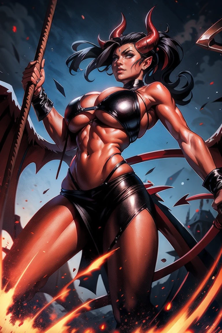 Red skin succubus tiefling, medium , black horns, wings, huge tail, black leather, crop top, long flowing pelvic curtain, tall, toned, graceful, thin, long black ponytail. Action scene, whip. Dark scene, explosions, night sky.