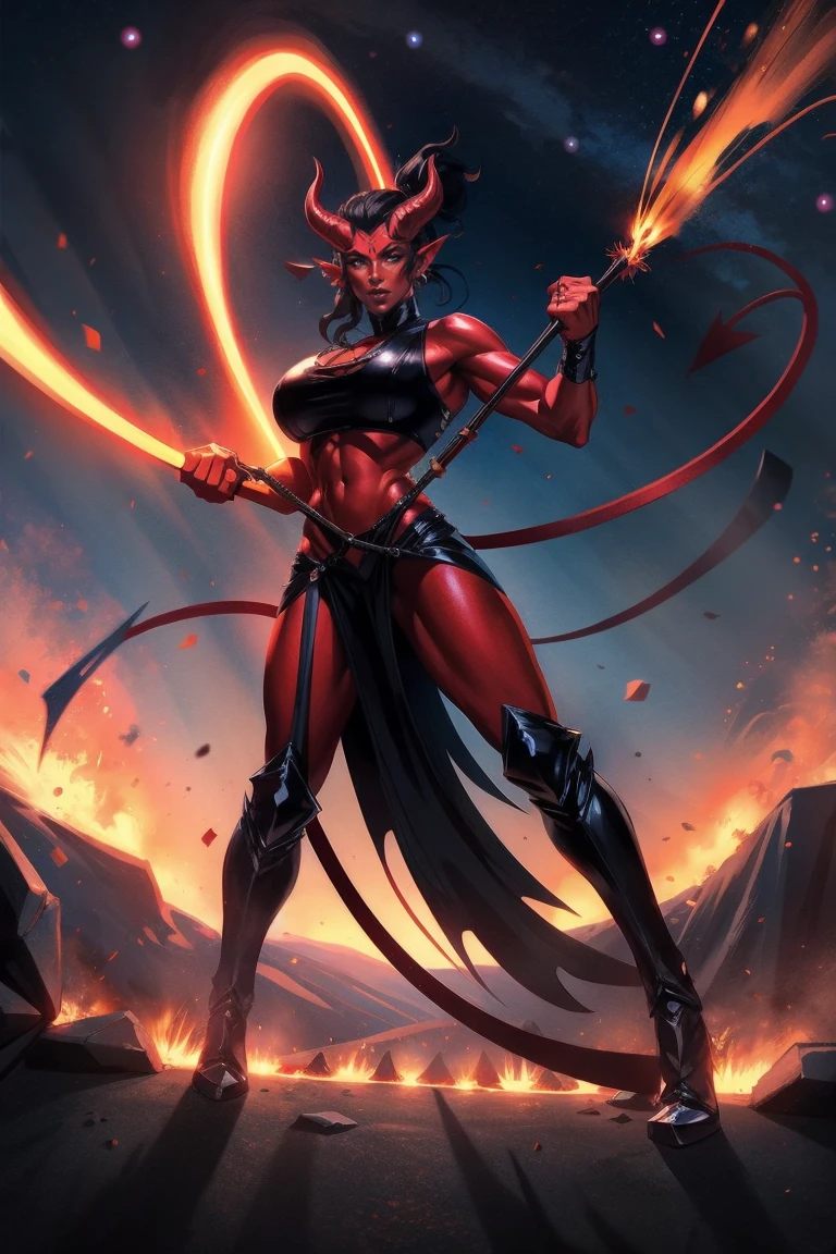 Red skin succubus tiefling, medium breasts, black horns, wings, huge tail, black leather, crop top, long flowing pelvic curtain, tall, toned, graceful, thin, long black ponytail. Action scene, whip. Dark scene, explosions, night sky.