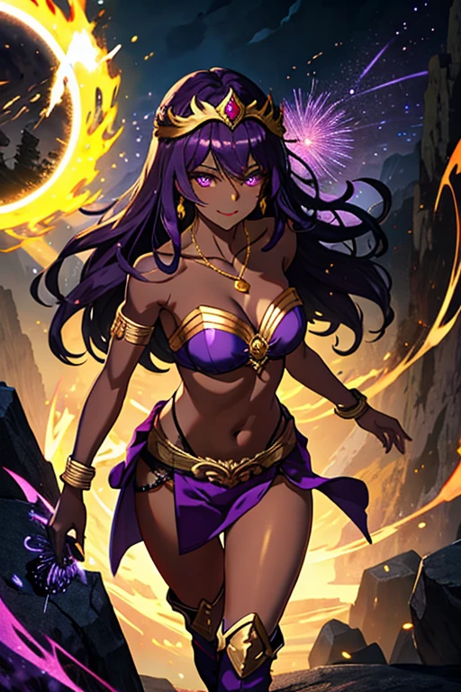 (best quality:1.3), (4K quality),masterpiece, best quality, high res, detailed, (Detailed face:1.2), (Detailed eyes:1.2), (Perfect figure:1.2), Fantasy style, Fantasy environment, solo, 1girl, BREAK 25 year old woman, sorceress, (Dark skin:1.5), purple hair, wavy hair, long hair, purple eyes, mascaras purple eyeshadow, smile, purple lipstick, covered in tattoos, medium breasts, waist, slender legs, attractive body, slim figure, perfect shape, (Wearing: golden headpiece, golden bracer, golden necklace, purple strapless top, purple loincloth, pelvic curtain, golden armbands, golden knee-high boots:1.3), BREAK highly detailed costume with intricate designs, looking at viewer, she's looking at the camera with an thrilled and confident smile, both hands glowing bright purple, purple magic, bright purple sparks in both hands, expressive expression, dark and mysterious aura, complex eye makeup, mystical energy radiating from her hands, electric purple orbs swirling around her, beautifully contoured face, fierce and confident posture, dark and dramatic lighting, vivid colors, intense purple and magenta color palette, individual spheres spinning at different speeds, translucent orbs emitting purple sparks, tracing of rays throughout the scene, illuminating the woman's silhouette with a mesmerizing glow, breathtaking visual effects, captivating and enchanting portrait, impressive level of detail in the woman's eyes and expression, attention to every intricate detail, BREAK (Night time, outdoors, stone temple, stone structures in the surroundings, dark clouds in the sky, purple lighting, gorgeous view of the mountainous valley)