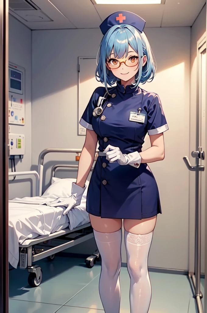 1girl, solo, nurse, nurse cap, white nurse uniform, ((white legwear, zettai ryouiki)), white gloves, glasses, blue hair, orange eyes, smile, standing, ((hospital room)), sharp outline, short sleeves, best quality, masterpiece