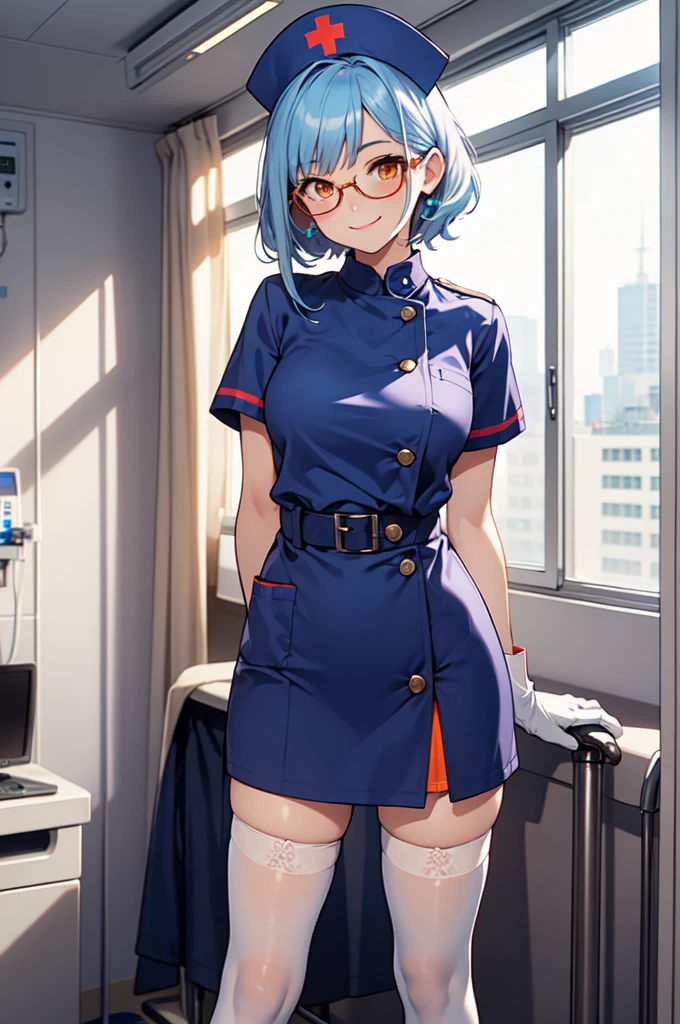 1girl, solo, nurse, nurse cap, white nurse uniform, ((white legwear, zettai ryouiki)), white gloves, glasses, blue hair, orange eyes, smile, standing, ((hospital room)), sharp outline, short sleeves, best quality, masterpiece