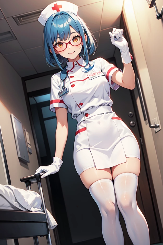 1girl, solo, nurse, nurse cap, white nurse uniform, ((white legwear, zettai ryouiki)), white gloves, glasses, blue hair, orange eyes, smile, standing, ((hospital room)), sharp outline, short sleeves, best quality, masterpiece