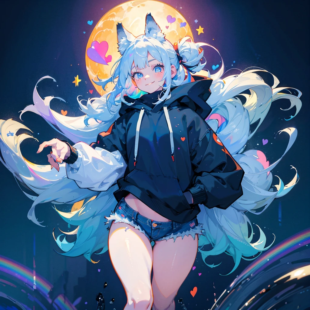 a cute adult male with wolf ears, long white hair, long locks, has a wolf tail, wearing a loose cropped black hoodie, wearing a pair of denim short shorts and fishnet stockings, thick thighs, wide hips, short, showing slender tummy, heart on hoodie, squishy thighs, has glowing blue eyes. alone, solo (ALONE)(SOLO), surrounded by rainbows, colorful galaxy backround, smiling, ontop of a pile of fluffy plushes, plushies everywhere, kawaii plushies, surrounded by bubbles, surrounded by rainbow leaves, standing up dancing, thicc thighs, has giant ears