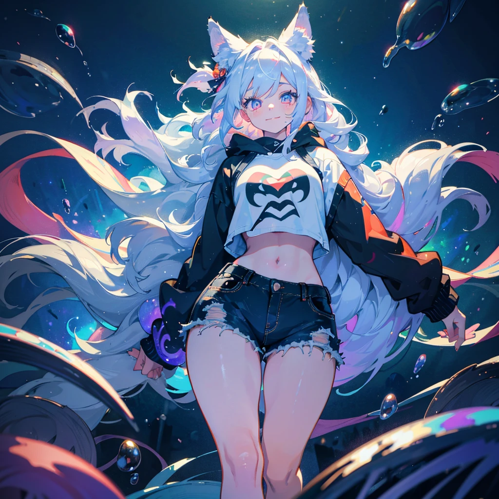 a cute adult male with wolf ears, long white hair, long locks, has a wolf tail, wearing a loose cropped black hoodie, wearing a pair of denim short shorts and fishnet stockings, thick thighs, wide hips, short, showing slender tummy, heart on hoodie, squishy thighs, has glowing blue eyes. alone, solo (ALONE)(SOLO), surrounded by rainbows, colorful galaxy backround, smiling, ontop of a pile of fluffy plushes, plushies everywhere, kawaii plushies, surrounded by bubbles, surrounded by rainbow leaves, standing up dancing, thicc thighs, has giant ears