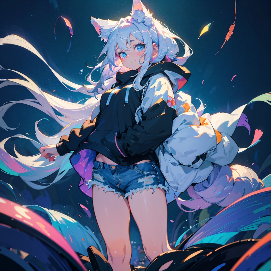 a cute adult male with wolf ears, long white hair, long locks, has a wolf tail, wearing a loose cropped black hoodie, wearing a pair of denim short shorts and fishnet stockings, thick thighs, wide hips, short, showing slender tummy, heart on hoodie, squishy thighs, has glowing blue eyes. alone, solo (ALONE)(SOLO), surrounded by rainbows, colorful galaxy backround, smiling, ontop of a pile of fluffy plushes, plushies everywhere, kawaii plushies, surrounded by bubbles, surrounded by rainbow leaves, standing up dancing, thicc thighs, has giant ears