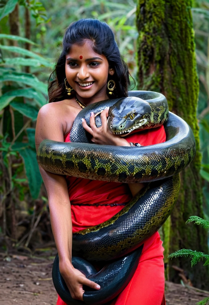  Happy Horny, aroused 1girl), beautiful Indian   girl  with  giant colossal Kaa monster squeezing her hard, wrapped in thick spiraling coils, constricted, struggle, gasping for air, snake attack, snake peril 