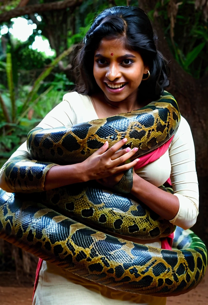  Happy Horny, aroused 1girl), beautiful Indian  young teen girl  with  giant colossal Kaa monster squeezing her hard, wrapped in thick spiraling coils, constricted, struggle, gasping for air, snake attack, snake peril 