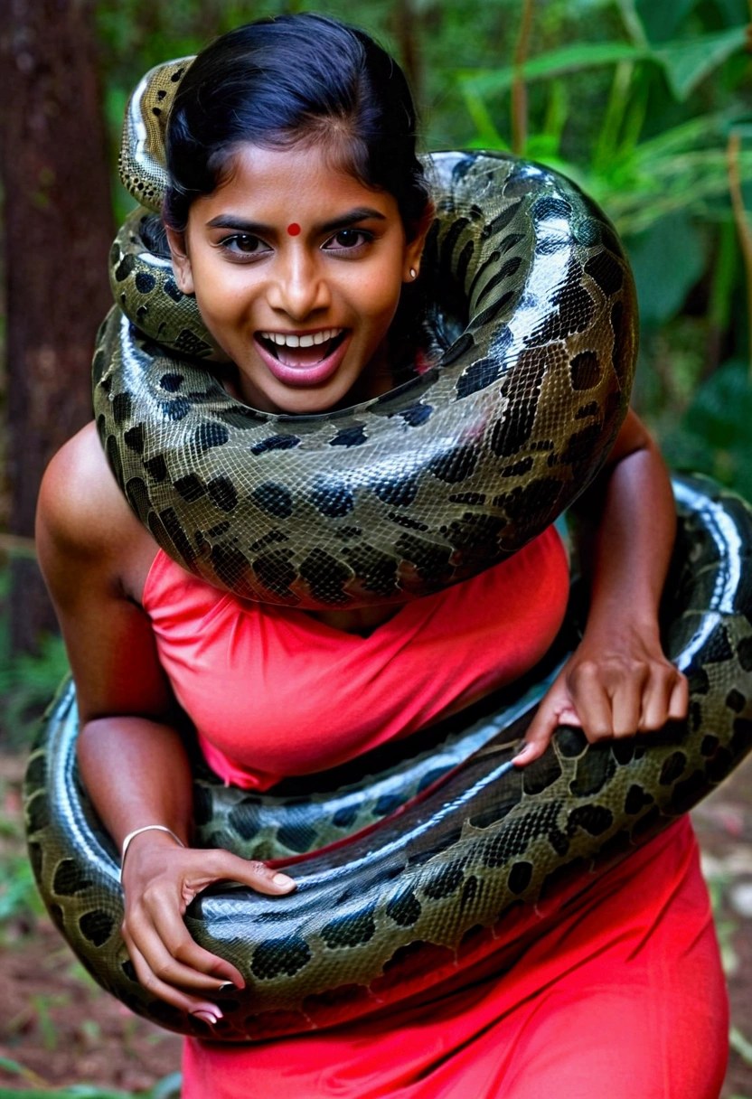 Happy Horny, aroused 1girl), beautiful Indian young teen girl with giant colossal Kaa monster squeezing her hard, wrapped in thick spiraling coils, constricted, struggle, gasping for air, snake attack, snake peril