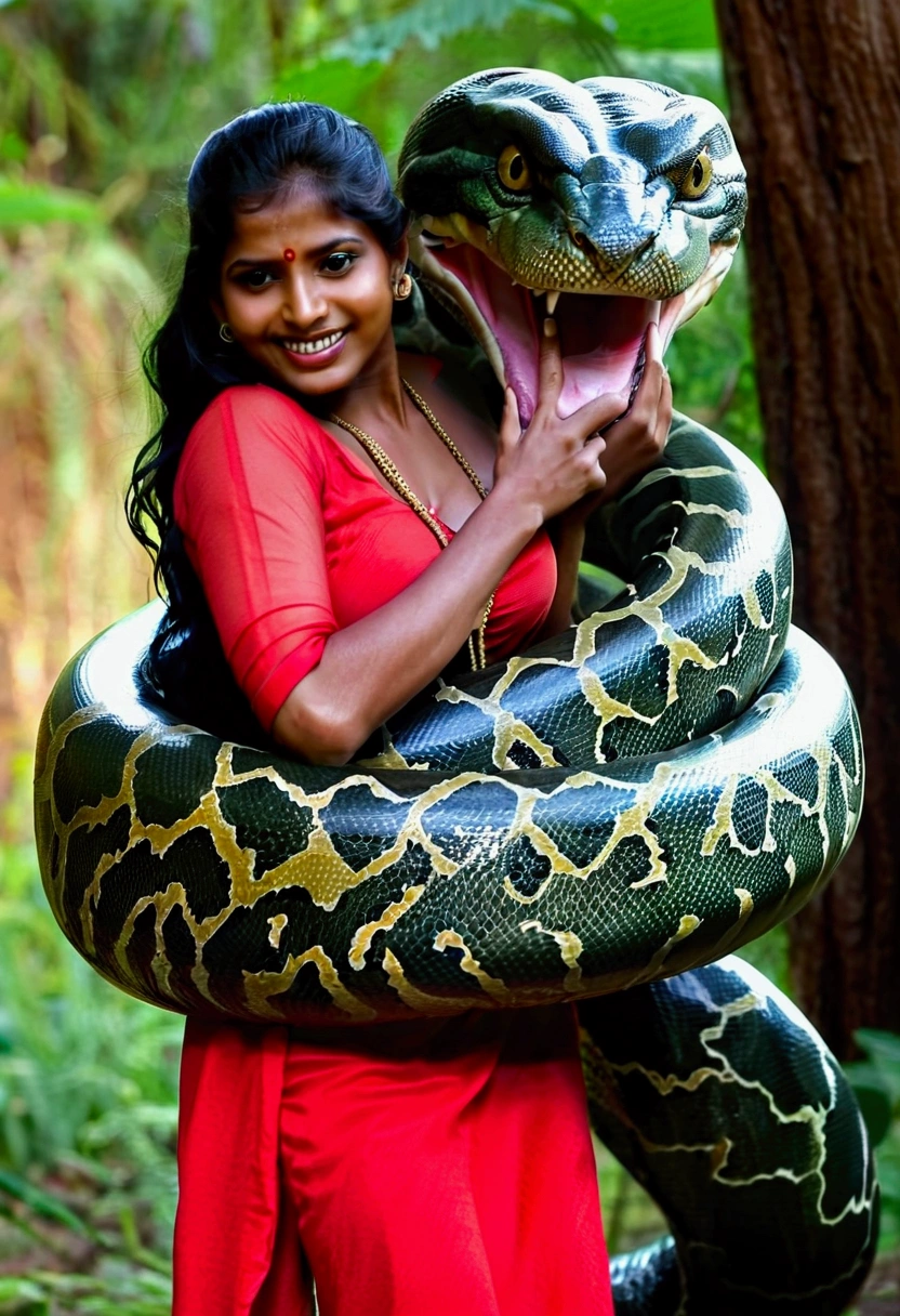 Happy Horny, aroused 1girl), beautiful Indian young teen girl with giant colossal Kaa monster squeezing her hard, wrapped in thick spiraling coils, constricted, struggle, gasping for air, snake attack, snake peril