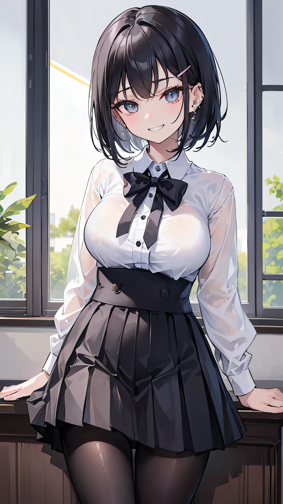 (masterpiece、Highest quality、Very detailed))、One girl、Black Hair、short hair、Barrette、Grey Eyes、evil smile、((Grin))、((lots of piercing))、Large Breasts、((White collared shirt))、A bow tie、Roll up your sleeves、((Black pleated skirt))、((micro miniskirt))、((black pantyhose))、Cowboy Shot、Classroom Background、Take a picture from the side