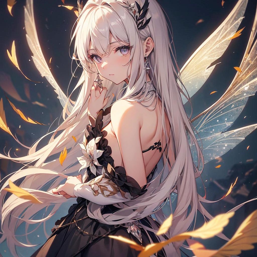 (Exquisite, beautiful, Very detailed, masterpiece, high resolution,high quality,High resolution),(Well-formed face,soft thin lines: 1.2, Beautiful, delicate and vivid illustrations with a mature and clear feel), From the rings on both hands, a fairy that controls flames and fire is floating in the air.,A delicate and beautiful adult fairy princess with transparent, black wings growing from her back.,Dark Night,inflammation,sparks,From a little distance,She's wearing a tiara, earrings, necklace and bracelets.,), ((Red, white and black ball gown dress with inflammation motif:1.1, Balloon sleeves, Jewels, ribbons, lace and frills, Fairy wings from the back:1.5)), (Long fingers,Pale pink blush, Plump pink lips,Beautiful and clear eyes,Large Bust, Fair skin, Black knee-highs,Good style),pastel colour, Fantasy,Whole body,flare up