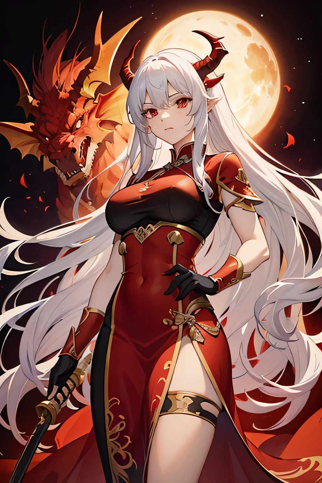A female warrior with dragon horns, red eyes, and long curly hair dyed white and red, wearing a red dragon-themed qipao outfit, holding a dragon-shaped katana, with a tall and slender build. Flaming and dark background, character illustration, anime style, high resolution, masterpiece.