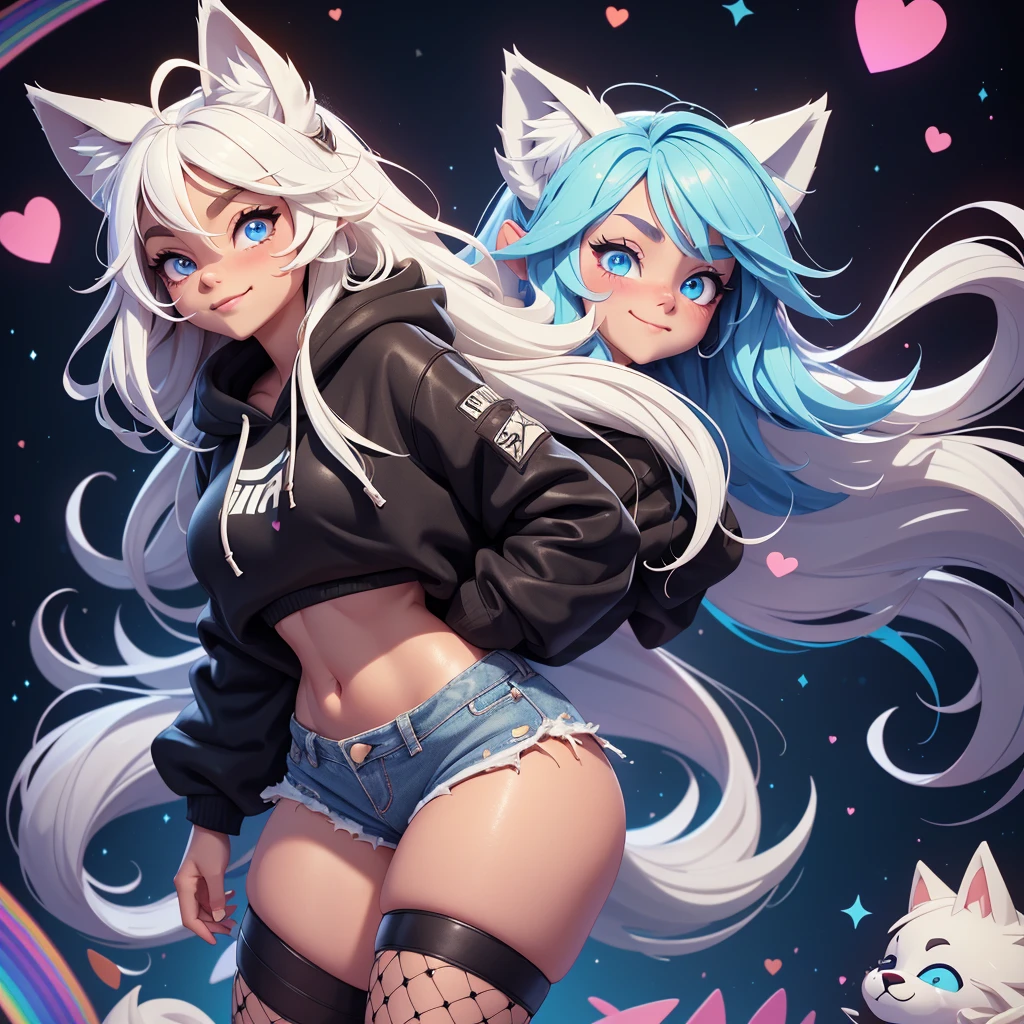 a cute adult male with wolf ears, long white hair, long locks, has a wolf tail, wearing a loose cropped oversized black hoodie, wearing a pair of denim short shorts and fishnet stockings, thick thighs, wide hips, relaxing on mound of fluffy multi colored kawaii plushies, short, very slim, showing slender tummy, heart on hoodie, squishy thighs, has glowing blue eyes. alone, solo (ALONE)(SOLO), surrounded by rainbows, colorful galaxy backround, turned around, shot from the back, big juicy butt, has a wedgie, in a breeding pose