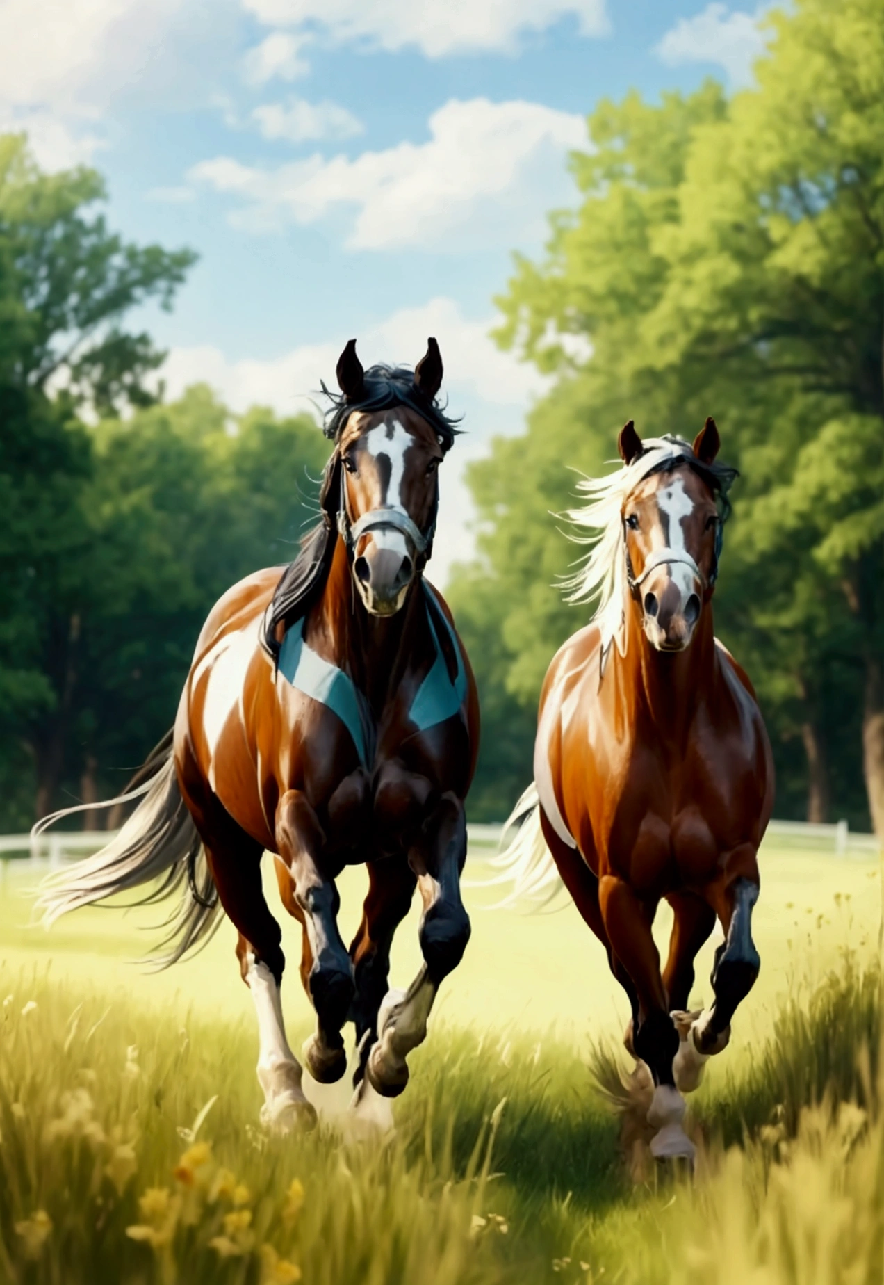 7 horses running in a field of grass with trees in the background riding sun , a digital rendering by Linda Sutton, shutterstock, renaissance, horses in run, horses, green pastures stretch for miles, equine, galloping, majestic horses, mane, at full stride, pony, running, hay, equine photography, equine photo, beautiful high resolution, horse, spectacular quality, horse is running