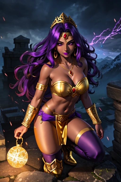(best quality:1.3), (4K quality),masterpiece, best quality, high res, detailed, (Detailed face:1.2), (Detailed eyes:1.2), (Perfect figure:1.2), Fantasy style, Fantasy environment, solo, 1girl, BREAK 25 year old woman, sorceress, (Dark skin:1.5), purple hair, wavy hair, long hair, purple eyes, mascaras purple eyeshadow, smile, purple lipstick, covered in tattoos, medium breasts, waist, slender legs, attractive body, slim figure, perfect shape, (Wearing: golden headpiece, golden bracer, golden necklace, purple strapless top, purple loincloth, pelvic curtain, golden armbands, golden knee-high boots:1.3), BREAK highly detailed costume with intricate designs, looking at viewer, she's looking at the camera with an thrilled and confident smile, both hands glowing bright purple, purple magic, bright purple sparks in both hands, expressive expression, dark and mysterious aura, complex eye makeup, mystical energy radiating from her hands, electric purple orbs swirling around her, beautifully contoured face, fierce and confident posture, dark and dramatic lighting, vivid colors, intense purple and magenta color palette, individual spheres spinning at different speeds, translucent orbs emitting purple sparks, tracing of rays throughout the scene, illuminating the woman's silhouette with a mesmerizing glow, breathtaking visual effects, captivating and enchanting portrait, impressive level of detail in the woman's eyes and expression, attention to every intricate detail, BREAK (Night time, outdoors, stone temple, stone structures in the surroundings, dark clouds in the sky, purple lighting, gorgeous view of the mountainous valley)
