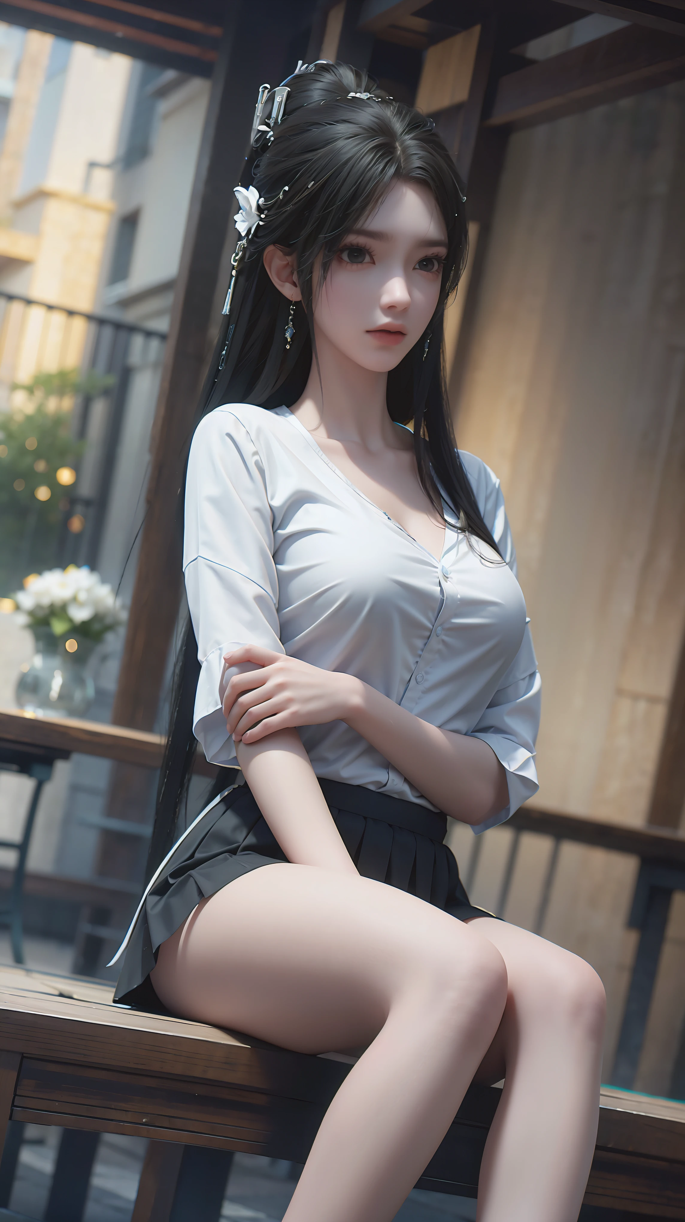 ultra Practical 8k cg, picture-Perfect face, Flawless, Clean, masterpiece, Professional artwork, Famous Artworks, Perfect face, Pretty Face, beautiful Eye, ((Perfect female body)), Solitary,(Immersive atmosphere, clair obscur:1.5,Bright Light:1.2,Luminous lighting) ,,(blush:0.5),Expression,Extremely detailed_Eye,Thick thighs,Large Breasts, Beautiful and detailed background,Depth of Field,Practical:1.3, Long Shot,1 Girl,shirt,Pleated Skirt, , sit, whole body, (Ambient Light:1.3),(Composition:1.3),(Neon:0.1),(Human Development Report:0.1),Accent Lighting, White pantyhose, ，（Purple long hair），Gray Eye，Cover your chest with your hands，Black hair