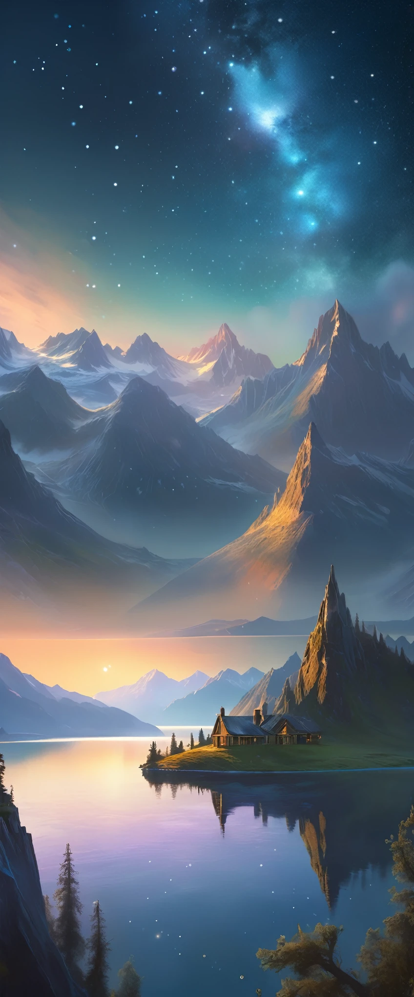 Starry Sky with Mountains and Lake, Jessica Rossier, Inspired by Jessica Rossier, Jessica Rossier Fantasy Art, Concept Art Magic Highlights, Official Artwork, Dream Painting, Ethereal Realm, Atmospheric artwork, dreamy matte paintings, serene endless stars inspired by Ted Nasmith, moonlit starry environments, epic music album covers.流れ星が大きな光の帯を描いている