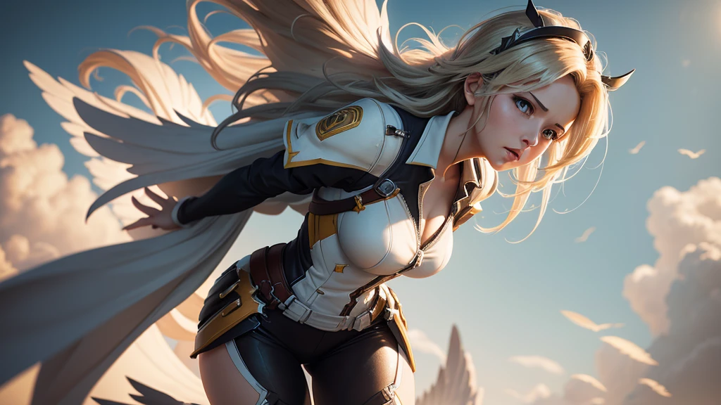 Mercy from Overwatch, angel wings on her back, messy hair blowing in wind, wide stance, arms wide open, lighting and background is bright realistic style, with high attention to detail and sharp focus. The colors are vivid and contrasted, with a slight desaturation. The lighting is dramatic, with shadows and highlights enhancing the overall composition. The medium used is a digital illustration, with a touch of photo-realistic elements to add depth and texture to the image. The final result is a masterpiece in ultra-high resolution, showcasing the intense and raw nature of Mercy's character.