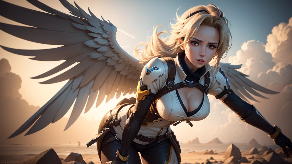 Mercy from Overwatch, angel wings on her back, messy hair blowing in wind, wide stance, arms wide open, lighting and background is bright realistic style, with high attention to detail and sharp focus. The colors are vivid and contrasted, with a slight desaturation. The lighting is dramatic, with shadows and highlights enhancing the overall composition. The medium used is a digital illustration, with a touch of photo-realistic elements to add depth and texture to the image. The final result is a masterpiece in ultra-high resolution, showcasing the intense and raw nature of Mercy's character.