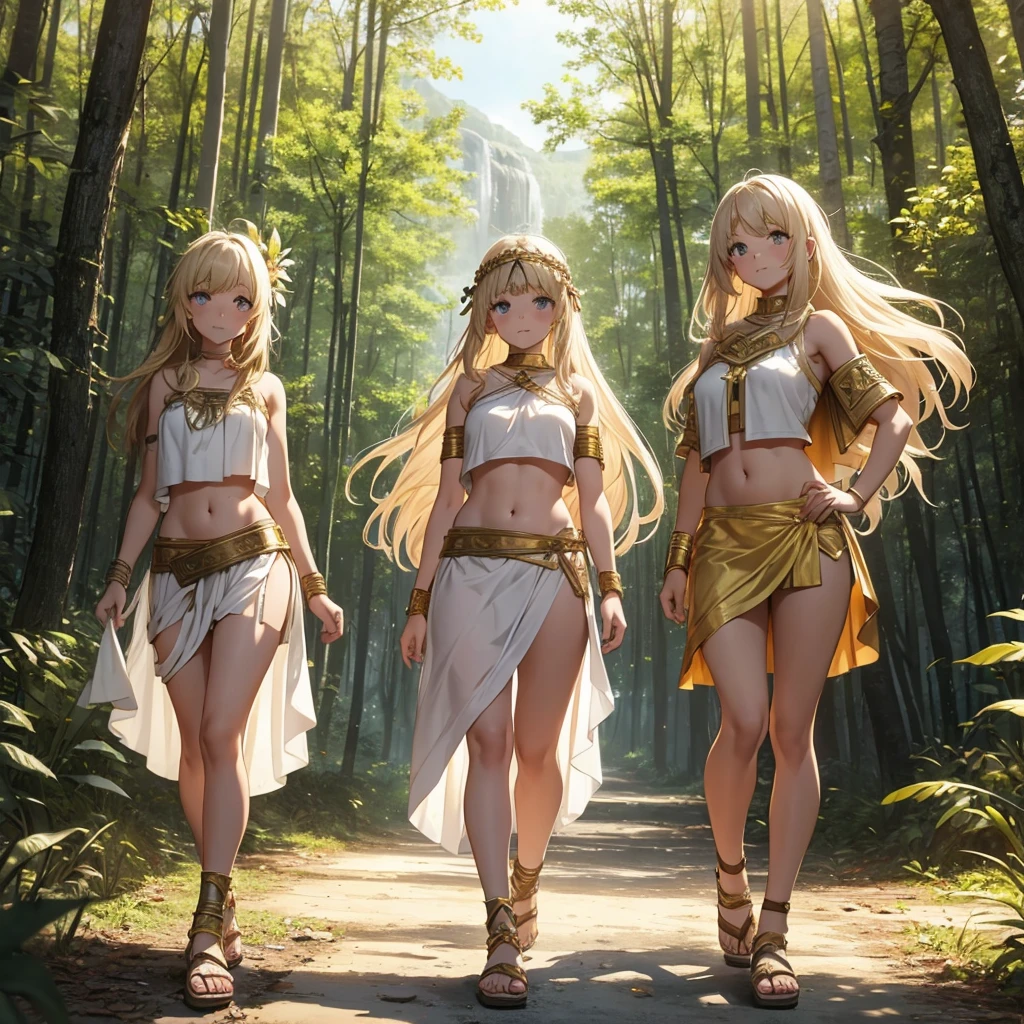 young greek warriors girls in togas , only girls , forest in the background ,four girls, sandals , close to the viewer,, sexy , multiple girls ,exposed belly, curves , black hair , blonde hair , red hair , white hair , light armor , knee pads, elbow pads,